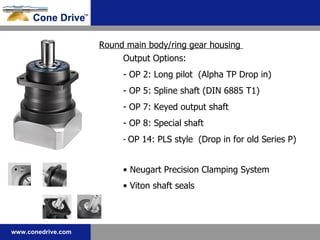 Round main body/ring gear housing  Output Options: - OP 2: Long pilot  (Alpha TP Drop in) OP 5: Spline shaft (DIN 6885 T1) OP 7: Keyed output shaft OP 8: Special shaft OP 14: PLS style  (Drop in for old Series P) Neugart Precision Clamping System Viton shaft seals 