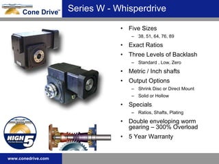 Series W - Whisperdrive Five Sizes 38, 51, 64, 76, 89 Exact Ratios Three Levels of Backlash Standard , Low, Zero Metric / Inch shafts Output Options Shrink Disc or Direct Mount Solid or Hollow Specials Ratios, Shafts, Plating Double enveloping worm gearing – 300% Overload 5 Year Warranty 