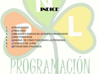 INDICE


1.   INTRODUCCIÓN
2.   ETIMOLOGÍA
3.   HABILIDADES BÁSICAS DE UN BUEN COMUNICADOR
4.   CARACTERÍSTICAS
5.   MANER...