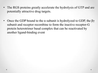 • The RGS proteins greatly accelerate the hydrolysis of GTP and are
potentially attractive drug targets.
• Once the GDP bound to the α subunit is hydrolyzed to GDP, the βγ
subunit and receptor recombine to form the inactive receptor-G
protein heterotrimer basal complex that can be reactivated by
another ligand-binding event
 