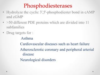 Phosphodiesterases
• Hydrolyze the cyclic 3',5'-phosphodiester bond in cAMP
and cGMP
• >50 different PDE proteins which are divided into 11
subfamilies
• Drug targets for :
Asthma
Cardiovascular diseases such as heart failure
Atherosclerotic coronary and peripheral arterial
disease
Neurological disorders
 