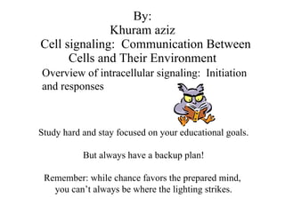 By: Khuram aziz   Cell signaling:  Communication Between Cells and Their Environment Study hard and stay focused on your educational goals. But always have a backup plan! Remember: while chance favors the prepared mind,  you can’t always be where the lighting strikes. Overview of intracellular signaling:  Initiation and responses 