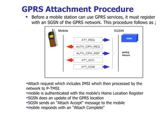 GPRS Attachment Procedure   Before a mobile station can use GPRS services, it must register with an SGSN of the GPRS network. This procedure  follows as ; Attach request which includes IMSI which then processed by the network to P-TMSI. mobile is authenticated with the mobile's Home Location Register SGSN does an update of the GPRS location SGSN sends an "Attach Accept" message to the mobile mobile responds with an "Attach Complete" 