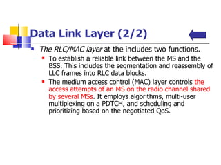 Data Link Layer  (2/2) The RLC/MAC layer  at the includes two functions. To establish  a reliable link between the MS and the BSS. This includes the segmentation and reassembly of LLC frames into RLC data blocks .  The medium access control (MAC) layer controls  the access attempts of an MS on the radio channel shared by several MSs . It employs algorithms, multi-user multiplexing on a PDTCH, and scheduling and prioritizing based on the negotiated QoS.  