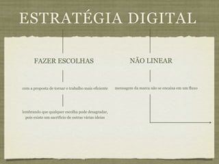 ESTRATÉGIA DIGITAL

      FAZER ESCOLHAS                                         NÃO LINEAR


com a proposta de tornar o trabalho mais eficiente    mensagem da marca não se encaixa em um fluxo




lembrando que qualquer escolha pode desagradar,
  pois existe um sacrifício de outras várias ideias
 