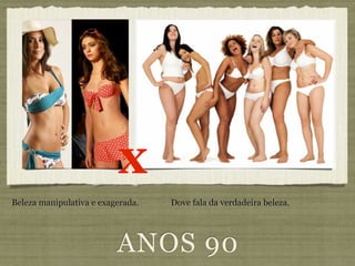 x
Beleza manipulativa e exagerada.   Dove fala da verdadeira beleza.




                          ANOS 90
 