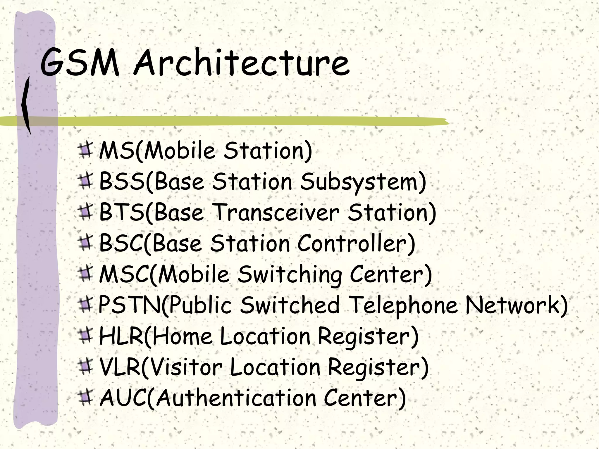 GSM Architecture
MS(Mobile Station)
BSS(Base Station Subsystem)
BTS(Base Transceiver Station)
BSC(Base Station Controller)
MSC(Mobile Switching Center)
PSTN(Public Switched Telephone Network)
HLR(Home Location Register)
VLR(Visitor Location Register)
AUC(Authentication Center)

 