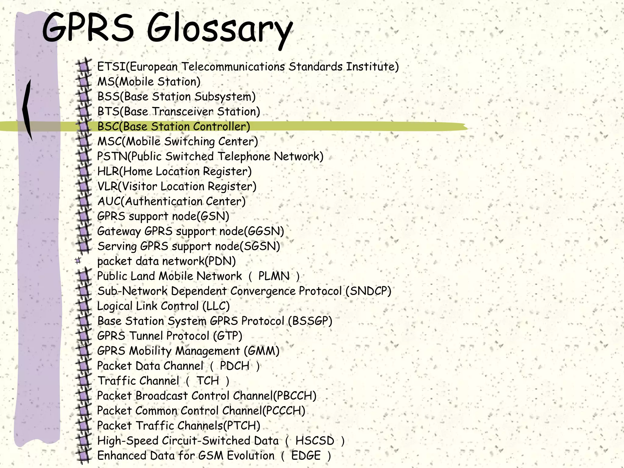GPRS Glossary
ETSI(European Telecommunications Standards Institute)
MS(Mobile Station)
BSS(Base Station Subsystem)
BTS(Base Transceiver Station)
BSC(Base Station Controller)
MSC(Mobile Switching Center)
PSTN(Public Switched Telephone Network)
HLR(Home Location Register)
VLR(Visitor Location Register)
AUC(Authentication Center)
GPRS support node(GSN)
Gateway GPRS support node(GGSN)
Serving GPRS support node(SGSN)
packet data network(PDN)
Public Land Mobile Network （ PLMN ）
Sub-Network Dependent Convergence Protocol (SNDCP)
Logical Link Control (LLC)
Base Station System GPRS Protocol (BSSGP)
GPRS Tunnel Protocol (GTP)
GPRS Mobility Management (GMM)
Packet Data Channel （ PDCH ）
Traffic Channel （ TCH ）
Packet Broadcast Control Channel(PBCCH)
Packet Common Control Channel(PCCCH)
Packet Traffic Channels(PTCH)
High-Speed Circuit-Switched Data （ HSCSD ）
Enhanced Data for GSM Evolution （ EDGE ）
 