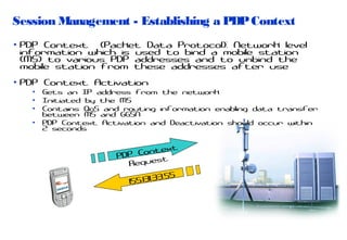 Session Management - Establishing a PDP Context
• PDP Context (Packet Data Protocol): Network level
information which is used to bind a mobile station
(MS) to various PDP addresses and to unbind the
mobile station from these addresses after use
• PDP Context Activation
•
•
•
•

Gets an IP address from the network
Initiated by the MS
Contains QoS and routing information enabling data transfer
between MS and GGSN
PDP Context Activation and Deactivation should occur within
2 seconds

xt
Conte
PDP
st
Reque
.55
5.131.33
15

 