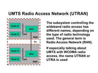 Node B
Node B
RNC
Node B
Node B
RNC
The subsystem controlling the
wideband radio access has
different names, depending on
the type of radio technology
used. The general term is
Radio Access Network (RAN).
If especially talking about
UMTS with WCDMA radio
access, the name UTRAN or
UTRA is used
UMTS Radio Access Network (UTRAN)
Iur
RNS
RNS
Iub
Iub
 
