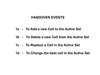 HANDOVER EVENTS
1a - To Add a new Cell to the Active Set
1b - To Delete a new Cell from the Active Set
1c - To Replace a Cell in the Active Set
1d - To Change the best cell in the Active Set
 