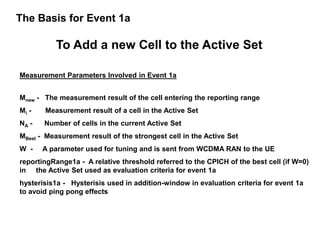 The Basis for Event 1a
Measurement Parameters Involved in Event 1a
Mnew - The measurement result of the cell entering the reporting range
Mi - Measurement result of a cell in the Active Set
NA - Number of cells in the current Active Set
MBest - Measurement result of the strongest cell in the Active Set
W - A parameter used for tuning and is sent from WCDMA RAN to the UE
reportingRange1a - A relative threshold referred to the CPICH of the best cell (if W=0)
in the Active Set used as evaluation criteria for event 1a
hysterisis1a - Hysterisis used in addition-window in evaluation criteria for event 1a
to avoid ping pong effects
To Add a new Cell to the Active Set
 