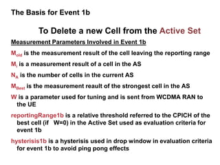 The Basis for Event 1b
Measurement Parameters Involved in Event 1b
Mold is the measurement result of the cell leaving the reporting range
Mi is a measurement result of a cell in the AS
NA is the number of cells in the current AS
MBest is the measurement reault of the strongest cell in the AS
W is a parameter used for tuning and is sent from WCDMA RAN to
the UE
reportingRange1b is a relative threshold referred to the CPICH of the
best cell (if W=0) in the Active Set used as evaluation criteria for
event 1b
hysterisis1b is a hysterisis used in drop window in evaluation criteria
for event 1b to avoid ping pong effects
To Delete a new Cell from the Active Set
 