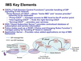 IMS Key Elements
 CSCFs (“Call Session Control Functions”) provide handling of SIP
signalling in the network
Three flavours of CSCF – allows “home IMS” and “access provider”
networks to be separated
– “Proxy-CSCF” – manages access to IMS local to the IP anchor point
– “Interrogating-CSCF” – finds the right Serving-CSCF
– “Serving-CSCF” – provides user services
 HSS (“Home Subscriber Server”) provides centralised database of
subscription and service information
 Policy nodes such as a PCRF (“Policy and Charging Rules Function”)
manages policy for handling IP flows in network
 Application Server – Provides value added applications on top of IMS
framework
HSS
I-CSCF
S-CSCF
SGSN
GGSN
P-CSCF
To External
PDN, Other
IMS etc.
From External
PDN, Other IMS etc.
PCRF
P-CSCF
PCRF
GGSN
Home Network
Visited Network/
Access Provider
App.
Server
IP cloud
SIP message flow
non-SIP interfaces
Access
 