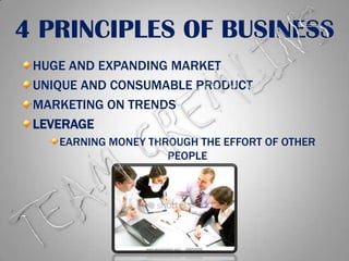 4 PRINCIPLES OF BUSINESSHUGE AND EXPANDING MARKETUNIQUE AND CONSUMABLE PRODUCTMARKETING ON TRENDSLEVERAGEEARNING MONEY THROUGH THE EFFORT OF OTHER PEOPLETEAM GREMLINS