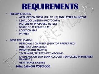 REQUIREMENTSPRE-APPLICATION		-    APPLICATION FORM  (FILLED UP) AND LETTER OF INTENT		-    LEGAL DOCUMENTS (PHOTOCOPY)		-    PICTURE OF PROPOSED OUTLET		-    SPACE OF AT LEAST 10 M2 		-    LOCATION MAP		-    PAYMENT POST APPLICATION		-    PERSONAL COMPUTER (DESKTOP PREFERRED)		-    INTERNET CONNECTION		-    PRINTER (DOT MATRIX)		-    TELEPHONE/TELEFAX (FAX MACHINE)		-    LANDBANK OR BDO BANK ACCOUNT ( ENROLLED IN INTERNET 	     BANKING )		-    REMITTANCE LICENSETOTAL CASHOUT P596,000  TEAM GREMLINS