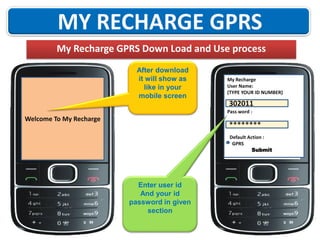 My Recharge GPRS Down Load and Use process
After download
it will show as
like in your
mobile screen

My Recharge
User Name:
(TYPE YOUR ID NUMBER)

302011
Pass word :

Welcome To My Recharge

********
Default Action :
GPRS
Submit

Enter user id
And your id
password in given
section

 