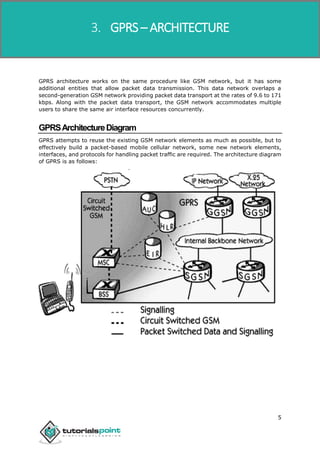 GPRS
5
GPRS architecture works on the same procedure like GSM network, but it has some
additional entities that allow packet data transmission. This data network overlaps a
second-generation GSM network providing packet data transport at the rates of 9.6 to 171
kbps. Along with the packet data transport, the GSM network accommodates multiple
users to share the same air interface resources concurrently.
GPRSArchitectureDiagram
GPRS attempts to reuse the existing GSM network elements as much as possible, but to
effectively build a packet-based mobile cellular network, some new network elements,
interfaces, and protocols for handling packet traffic are required. The architecture diagram
of GPRS is as follows:
3. GPRS – ARCHITECTURE
 