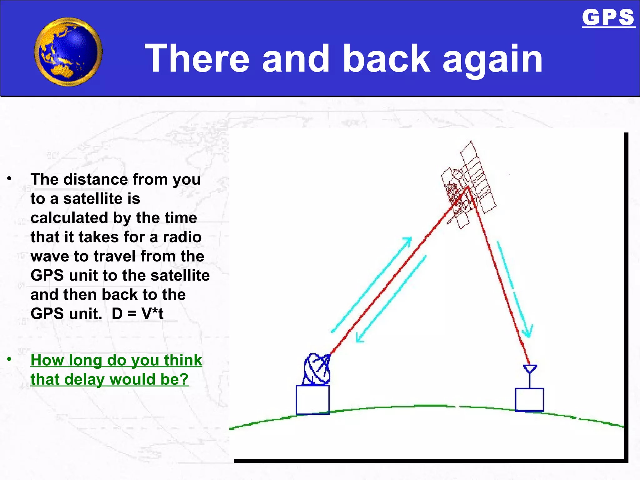 There and back again The distance from you to a satellite is calculated by the time that it takes for a radio wave to travel from the GPS unit to the satellite and then back to the GPS unit.  D = V*t How long do you think that delay would be? GPS 