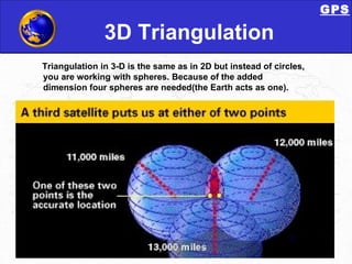 3D Triangulation Triangulation   in 3-D is the same as in 2D but instead of circles, you are working with spheres. Because of the added dimension four spheres are needed(the Earth acts as one). GPS 