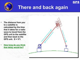 There and back again The distance from you to a satellite is calculated by the time that it takes for a radio wave to travel from the GPS unit to the satellite and then back to the GPS unit.  D = V*t How long do you think that delay would be? GPS 