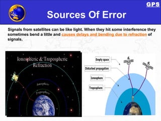 Sources Of Error Signals from satellites can be like light. When they hit some interference they sometimes bend a little and  causes delays and bending due to refraction  of signals. GPS 