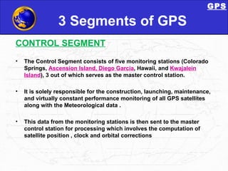 3 Segments of GPS CONTROL SEGMENT GPS The Control Segment consists of five monitoring stations (Colorado Springs,  Ascension Island, Diego Garcia , Hawaii, and  Kwajalein Island ), 3 out of which serves as the master control station.  It is solely responsible for the construction, launching, maintenance, and virtually constant performance monitoring of all GPS satellites along with the Meteorological data . This data from the monitoring stations is then sent to the master control station for processing which involves the computation of satellite position , clock and orbital corrections GPS 