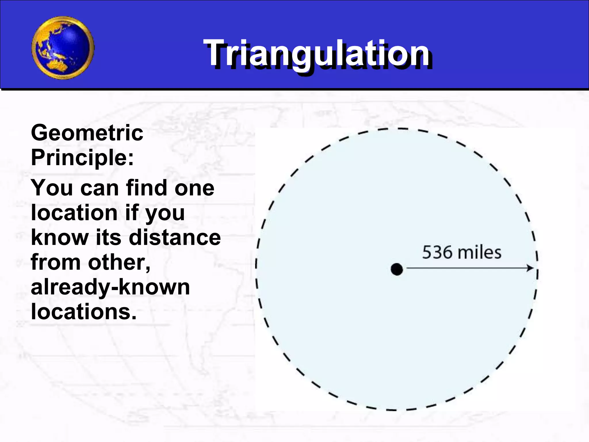 Triangulation
Geometric
Principle:
You can find one
location if you
know its distance
from other,
already-known
locations.
 