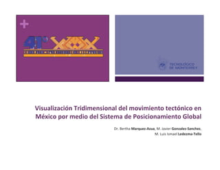 +	
  



                                                                                                                    	
  
        Visualización	
  Tridimensional	
  del	
  movimiento	
  tectónico	
  en	
  
        México	
  por	
  medio	
  del	
  Sistema	
  de	
  Posicionamiento	
  Global	
  	
  
                                                                                                                    	
  
                                              Dr.	
  Bertha	
  Marquez-­‐Azua,	
  M.	
  Javier	
  Gonzalez-­‐Sanchez,	
  
                                                                                       	
  M.	
  Luis	
  Ismael	
  Ledezma-­‐Tello	
  
 