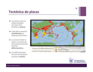 +	
  
    Tectónica	
  de	
  placas	
  	
  

          La	
  corteza	
  exterior	
  
           sólida	
  del	
  globo	
  
           terrestre	
  está	
  
           dividida	
  en	
  placas.	
  

          Cada	
  placa	
  presenta	
  
           movimientos	
  en	
  
           dis>ntas	
  direcciones.	
  

          Las	
  zonas	
  donde	
  se	
  
           separa	
  una	
  placa	
  de	
  
           otra	
  puede	
  presentar	
  
           diversas	
  
           deformaciones.	
  

          Las	
  deformaciones	
  
           bruscas	
  de	
  las	
  placas	
  
           provocan	
  sismos.	
  



Javier	
  Gonzalez-­‐Sanchez	
  
 