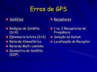 Erros de GPS
Satélites                Receptores

Relógios do Satélite     1 vs. 2 Receptores de
(S/A)                    Freqüência
Ephemeris/orbita (S/A)   Seleção do Datum
Retarda Atmosférica      Localização do Receptor
Retarda Multi-caminho
Geometria do Satélite
(DOP)
 