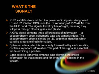  A GPS receiver must be locked on to the signal of at least three satellites to calculate a 2D position (latitude and longitude) and 3D position. HOW ACCURATE IS GPS?GPS receivers are extremely accurate, that are using  parallel multi-channel design.  