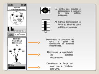 Aguarde...
Localizando Satélites              No centro dos circulos é
                        14           apresentado o número
                                     de     cada     satélite
                                     suspenso.


                                   As barras demonstram a
                                     força do sinal de casa
                                     satélite encontrado.

                        14

                         Demonstra a precisão do
                           GPS,     a   partir  da
                           quantidade de satélites
                           encontrados.


                             Demonstra a quantidade
                               de           satélites
                               encontrados.

                         Demonstra a força do
                           sinal que é recebida
                           pelo GPS.
 