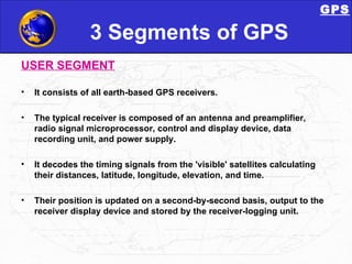 3 Segments of GPS USER SEGMENT It consists of all earth-based GPS receivers. The typical receiver is composed of an antenna and preamplifier, radio signal microprocessor, control and display device, data recording unit, and power supply. It decodes the timing signals from the 'visible' satellites calculating their distances, latitude, longitude, elevation, and time.  Their position is updated on a second-by-second basis, output to the receiver display device and stored by the receiver-logging unit.  GPS 