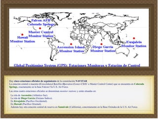 Hay cinco estaciones oficiales de seguimiento de la constelación NAVSTAR!
La estación central o maestra (Consolidated Satellite Operation Center-CSOC o Master Control Center) que se encuentra en Colorado
Springs, exactamente en la base Falcon f la U.S. Air Force. !
Las otras cuatro estaciones oficiales se denominan monitor stations y están situadas en:!
La isla de Ascensión (Atlántico Sur).!
La isla de Diego García (Océano Índico).!
En Kwajalein (Pacífico Occidental).!
En Hawaii (Pacífico Oriental).!
Además hay otra estación central de reserva en Sunnivale (California), concretamente en la Base Ozinuka de la U.S. Air Force.!
!
 