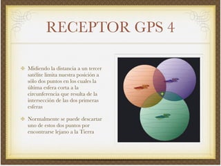 RECEPTOR GPS 4
Midiendo la distancia a un tercer
satélite limita nuestra posición a
sólo dos puntos en los cuales la
última esfera corta a la
circunferencia que resulta de la
intersección de las dos primeras
esferas!
Normalmente se puede descartar
uno de estos dos puntos por
encontrarse lejano a la Tierra
 