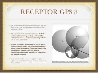 RECEPTOR GPS 8
De la cuarta medición resultará una esfera que no
intersectará con los 2 puntos que resultan de las 3
primeras esferas!
El ordenador de nuestro receptor de GPS
detectará la discrepancia y atribuirá la
diferencia a una sincronización imperfecta
de la hora universal!
Como cualquier discrepancia con la hora
universal afectará a las cuatro mediciones,
el receptor buscará un factor de corrección
común que siendo aplicado a las 4
mediciones hace que las esferas coincidan
en un único punto!
Esta corrección hace que el reloj del receptor se
ajuste a la hora universal y por lo tanto tenemos un
reloj atómico
 