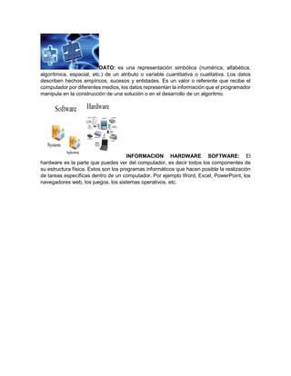 DATO: es una representación simbólica (numérica, alfabética,
algorítmica, espacial, etc.) de un atributo o variable cuantitativa o cualitativa. Los datos
describen hechos empíricos, sucesos y entidades. Es un valor o referente que recibe el
computador por diferentes medios, los datos representan la información que el programador
manipula en la construcción de una solución o en el desarrollo de un algoritmo.
INFORMACION HARDWARE SOFTWARE: El
hardware es la parte que puedes ver del computador, es decir todos los componentes de
su estructura física. Estos son los programas informáticos que hacen posible la realización
de tareas específicas dentro de un computador. Por ejemplo Word, Excel, PowerPoint, los
navegadores web, los juegos, los sistemas operativos, etc.
 