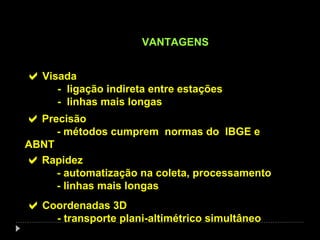 VANTAGENS
Visada
- ligação indireta entre estações
- linhas mais longas
Precisão
- métodos cumprem normas do IBGE e
ABNT
Coordenadas 3D
- transporte plani-altimétrico simultâneo
Rapidez
- automatização na coleta, processamento
- linhas mais longas
 