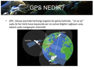 GPS NEDİR?
• GPS ; Dünya üzerinde herhangi engelsiz bir görüş hattında, ‘’en az üç’’
uydu ile her türlü hava koşulunda yer ve zaman bilgileri sağlayan uzay
tabanlı uydu navigasyon sistemidir.
 