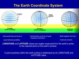 The Earth Coordinate System
•Horizontal lines are lines of
equal latitude (parallels)
•Vertical lines are lines of equal
longitude (meridians)
•Both together form the
Graticule network.
LONGITUDE and LATITUDE values are angles measured from the earth’s center
to the required point on the earth’s surface.
A point anywhere within the earth surface is addressed by its LONGITUDE and
LATITUDE value.
 