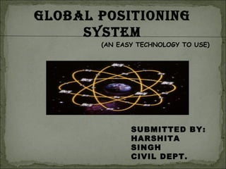 GLOBAL POSITIONING
SYSTEM
(AN EASY TECHNOLOGY TO USE)
SUBMITTED BY:
HARSHITA
SINGH
CIVIL DEPT.
 