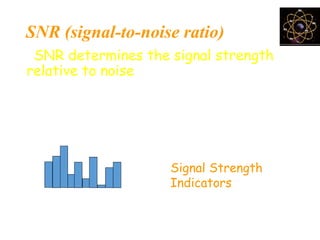 SNR (signal-to-noise ratio)
• SNR determines the signal strength
relative to noise
• GPS position is degraded if the SNR of
one or more satellites in the
constellation falls below certain range
Signal Strength
Indicators
 