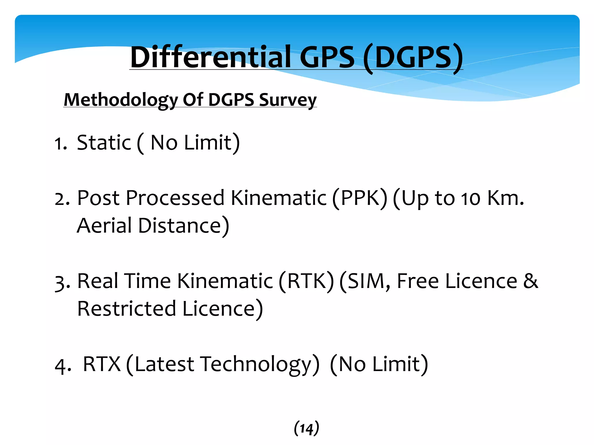 Differential GPS (DGPS)
Methodology Of DGPS Survey
1. Static ( No Limit)
2. Post Processed Kinematic (PPK) (Up to 10 Km.
Aerial Distance)
3. Real Time Kinematic (RTK) (SIM, Free Licence &
Restricted Licence)
4. RTX (Latest Technology) (No Limit)
(14)
 