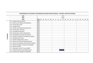 CRONOGRAMA DE ATIVIDADES A IMPLEMENTAR SEGUNDO PROJETO BÚSSOLA – NO NORTE, NÃO (H)Á VIOLÊNCIA
ANO 2015
MÊS Maio
DIAS 01 04 05 06 07 08 11 12 13 14 15 18 19 20 21 22 25 26 27 28 29
ATIVIDADES
E 01 - Sessões de EpS com jovens
E 02 - Follow-up e Avaliação com professores
E 03 - Circular para os pais
E 04 - Reunião de pais
E 05 - Reunião com Direção do Agrupamento
E 06 - Circular para os docentes
E 07 - Formação para docentes
E 08 - Circular para o pessoal não-docentes
E 09 - Formação para o pessoal não-docente
E 10 - Normas de conduta em situações de violência
E 11 - Guidelines para o GIAA
E 12 - Revisão do Regulamento Interno
E 13 - Parceria com Junta de Pedroso/Seixezelo
E 14 - Parceria com Paróquia de São Pedro de Pedroso
E 15 - Elaborar panfletos e cartazes de Divulgação
E 16 - Parceria com IPDJ
E 17 - Artigo para o Jornal “O nosso Olh@r”
E 18 - Contactar meios de comunicação social
E 19 - Parceria com a Designer Vera Barbosa
 