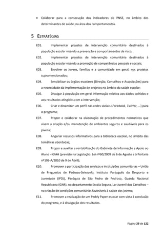 Página 29 de 122
 Colaborar para a consecução dos indicadores do PNSE, no âmbito dos
determinantes de saúde, na área dos comportamentos.
5 ESTRATÉGIAS
E01. Implementar projetos de intervenção comunitária destinados à
população escolar visando a prevenção e comportamentos de risco;
E02. Implementar projetos de intervenção comunitária destinados à
população escolar visando a promoção de competências pessoais e sociais;
E03. Envolver os jovens, famílias e a comunidade em geral, nos projetos
supramencionados;
E04. Sensibilizar os órgãos escolares (Direção, Conselhos e Associações) para
a necessidade da implementação de projetos no âmbito da saúde escolar;
E05. Divulgar à população em geral informação relativa aos dados colhidos e
aos resultados atingidos com a intervenção;
E06. Criar e dinamizar um perfil nas redes sociais (Facebook, Twitter, …) para
o programa;
E07. Propor e colaborar na elaboração de procedimentos normativos que
visem a criação e/ou manutenção de ambientes seguros e saudáveis para os
jovens;
E08. Angariar recursos informativos para a biblioteca escolar, no âmbito das
temáticas abordadas;
E09. Propor e auxiliar a rentabilização do Gabinete de Informação e Apoio ao
Aluno – GIAA (previsto na Legislação: Lei nº60/2009 de 6 de Agosto e à Portaria
nº196-A/2010 de 9 de Abril);
E10. Promover a participação dos serviços e instituições comunitárias – União
de Freguesias de Pedroso-Seixezelo, Instituto Português do Desporto e
Juventude (IPDJ), Paróquia de São Pedro de Pedroso, Guarda Nacional
Republicana (GNR), no departamento Escola Segura, Lar Juvenil dos Carvalhos –
na criação de condições comunitárias favoráveis à saúde dos jovens;
E11. Promover a realização de um Peddy Paper escolar com vista à conclusão
do programa, e à divulgação dos resultados.
 