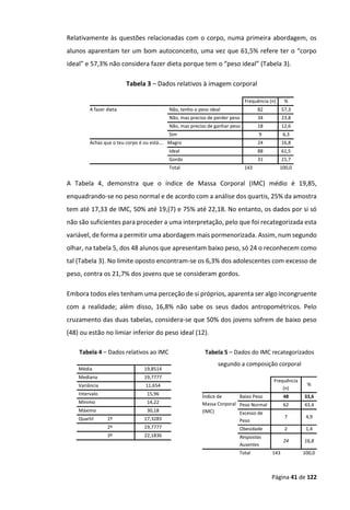 Página 41 de 122
Relativamente às questões relacionadas com o corpo, numa primeira abordagem, os
alunos aparentam ter um bom autoconceito, uma vez que 61,5% refere ter o “corpo
ideal” e 57,3% não considera fazer dieta porque tem o “peso ideal” (Tabela 3).
Tabela 3 – Dados relativos à imagem corporal
Frequência (n) %
A fazer dieta Não, tenho o peso ideal 82 57,3
Não, mas preciso de perder peso 34 23,8
Não, mas preciso de ganhar peso 18 12,6
Sim 9 6,3
Achas que o teu corpo é ou está…. Magro 24 16,8
Ideal 88 61,5
Gordo 31 21,7
Total 143 100,0
A Tabela 4, demonstra que o índice de Massa Corporal (IMC) médio é 19,85,
enquadrando-se no peso normal e de acordo com a análise dos quartis, 25% da amostra
tem até 17,33 de IMC, 50% até 19,(7) e 75% até 22,18. No entanto, os dados por si só
não são suficientes para proceder a uma interpretação, pelo que foi recategorizada esta
variável, de forma a permitir uma abordagem mais pormenorizada. Assim, num segundo
olhar, na tabela 5, dos 48 alunos que apresentam baixo peso, só 24 o reconhecem como
tal (Tabela 3). No limite oposto encontram-se os 6,3% dos adolescentes com excesso de
peso, contra os 21,7% dos jovens que se consideram gordos.
Embora todos eles tenham uma perceção de si próprios, aparenta ser algo incongruente
com a realidade; além disso, 16,8% não sabe os seus dados antropométricos. Pelo
cruzamento das duas tabelas, considera-se que 50% dos jovens sofrem de baixo peso
(48) ou estão no limiar inferior do peso ideal (12).
Tabela 4 – Dados relativos ao IMC
Média 19,8514
Mediana 19,7777
Variância 11,654
Intervalo 15,96
Mínimo 14,22
Máximo 30,18
Quartil 1º 17,3283
2º 19,7777
3º 22,1836
Tabela 5 – Dados do IMC recategorizados
segundo a composição corporal
Frequência
(n)
%
Índice de
Massa Corporal
(IMC)
Baixo Peso 48 33,6
Peso Normal 62 43,4
Excesso de
Peso
7 4,9
Obesidade 2 1,4
Respostas
Ausentes
24 16,8
Total 143 100,0
 