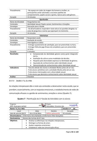 Página 50 de 122
Procedimento - No espaço em redor da imagem do homem e mulher, os
participantes serão solicitados a escrever padrões de
comportamento, papéis sociais e gostos, típicos para cada género.
Duração 13 minutos
Aprofundar
Nome da Atividade Perguntamos nós
Conteúdos Identidade Sexual; Papéis sociais; Sentimentos e Emoções.
Estratégia Educação para a Saúde
Procedimento - Os dinamizadores respondem neste altura às questões dirigidas na
caixa de perguntas e outras que apareçam no momento.
Duração 14 minutos
Interiorizar
Nome da Atividade Respondam vocês
Conteúdos Avaliação da sessão.
Estratégia Interrogativa e Lúdico
Procedimento - Entregar questionário de satisfação, para ser preenchido na hora;
- Entregar folha de jogo (frases de completar), para ser preenchido
na hora;
Duração 5 minutos
Resultados  Compreensão da identidade género como parte integrante
do Eu;
 Avaliação da cultura como modelador de decisão;
 Respeito pela diversidade expressa na identidade de género;
 Aquisição de conhecimentos sobre identidade sexual;
 Demonstração de conhecimentos sobre identidade sexual.
Indicadores - Taxa de adesão dos alunos à atividade Muitos jeitos de ser nós;
- % de alunos satisfeitos com a atividade Muitos jeitos de ser nós;
- % de alunos interessados com a diversidade sexual;
- % de alunos que demostra conhecimento sobre identidade sexual.
Análise Checklist
8.3.7.3 Sessão 3: Tu, Eu e Nós
As relações interpessoais dão o mote aos conteúdos a desenvolver nesta sessão, que se
prendem, essencialmente, com as respostas emocionais, o estabelecimento de redes de
comunicação eficazes e a gestão de sentimentos, emoções e stress (Quadro 7).
Quadro 7 – Planificação da 3.ª Sessão do Astrolábio com os alunos
Programa Projeto
GPS: Guia para ser(es) Astrolábio: Cá entre nós
Nome: Tu, Eu e Nós Sessão n.º: __03__
Local Data Horário Duração
Sala de aula da EB2/3 18 e 19 de Maio Definir pela escola 45 minutos
Dinamizadores Enfermeira Vera Barbedo e Enfermeiro Vítor Gonçalves
Destinatários Alunos das turmas do 6.º ano
Objetivos  Analisar as diferenças nas relações interpessoais;
 Distinguir as formas de amor;
 Avaliar respostas emocionais;
 Estabelecer redes de comunicação eficaz;
 