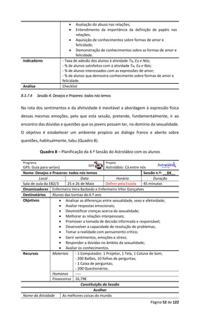 Página 52 de 122
 Avaliação do abuso nas relações;
 Entendimento da importância da definição de papéis nas
relações;
 Aquisição de conhecimentos sobre formas de amor e
felicidade;
 Demonstração de conhecimentos sobre as formas de amor e
felicidade.
Indicadores - Taxa de adesão dos alunos à atividade Tu, Eu e Nós;
- % de alunos satisfeitos com a atividade Tu, Eu e Nós;
- % de alunos interessados com as expressões de amor;
- % de alunos que demostra conhecimento sobre formas de amor e
felicidade.
Análise Checklist
8.3.7.4 Sessão 4: Desejos e Prazeres: todos nós temos
Na rota dos sentimentos e da afetividade é inevitável a abordagem à expressão física
dessas mesmas emoções, pelo que esta sessão, pretende, fundamentalmente, ir ao
encontro das dúvidas e questões que os jovens possam ter, no domínio da sexualidade.
O objetivo é estabelecer um ambiente propício ao diálogo franco e aberto sobre
questões, habitualmente, tabu (Quadro 8).
Quadro 8 – Planificação da 4.ª Sessão do Astrolábio com os alunos
Programa Projeto
GPS: Guia para ser(es) Astrolábio: Cá entre nós
Nome: Desejos e Prazeres: todos nós temos Sessão n.º: __04__
Local Data Horário Duração
Sala de aula da EB2/3 25 e 26 de Maio Definir pela Escola 45 minutos
Dinamizadores Enfermeira Vera Barbedo e Enfermeiro Vítor Gonçalves
Destinatários Alunos das turmas do 6.º ano
Objetivos  Analisar as diferenças entre sexualidade, sexo e afetividade;
 Avaliar respostas emocionais;
 Desmistificar crenças acerca da sexualidade;
 Melhorar as relações interpessoais;
 Promover a tomada de decisão informada e responsável;
 Desenvolver a capacidade de resolução de problemas;
 Tomar a realidade com pensamento crítico;
 Gerir sentimentos, emoções e stress;
 Responder a dúvidas no âmbito da sexualidade;
 Avaliar os conhecimentos.
Recursos Materiais - 1 Computador, 1 Projetor, 1 Tela, 1 Coluna de Som;
- 200 Balões, 10 folhas de perguntas;
- 1 Caixa de perguntas;
- 200 Questionários.
Humanos -----
Financeiros 16,79€
Constituição da Sessão
Acolher
Nome da Atividade As melhores coisas do mundo
 