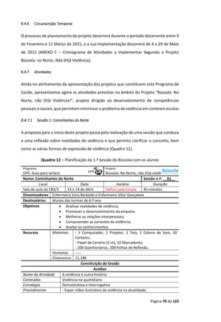 Página 70 de 122
8.4.6 Circunscrição Temporal
O processo de planeamento do projeto decorrerá durante o período decorrente entre 9
de Fevereiro e 11 Março de 2015, e a sua implementação decorrerá de 4 a 29 de Maio
de 2015 (ANEXO C – Cronograma de Atividades a Implementar Segundo o Projeto
Bússola: no Norte, Não (H)á Violência).
8.4.7 Atividades
Ainda no alinhamento da apresentação dos projetos que constituem este Programa de
Saúde, apresentamos agora as atividades previstas no âmbito do Projeto “Bússola: No
Norte, não (h)á Violência!”, projeto dirigido ao desenvolvimento de competências
pessoais e sociais, que permitam minimizar o problema da violência em contexto escolar.
8.4.7.1 Sessão 1: Caminhantes do Norte
A proposta para o início deste projeto passa pela realização de uma sessão que conduza
a uma reflexão sobre realidades de violência e que permita clarificar o conceito, bem
como as várias formas de expressão de violência (Quadro 12).
Quadro 12 – Planificação da 1.ª Sessão do Bússola com os alunos
Programa Projeto
GPS: Guia para ser(es) Bússola: No Norte, não (h)á violência
Nome: Caminhantes do Norte Sessão n.º: __01__
Local Data Horário Duração
Sala de aula da EB2/3 13 e 14 de Abril Definir pela Escola 45 minutos
Dinamizadores Enfermeira Vera Barbedo e Enfermeiro Vítor Gonçalves
Destinatários Alunos das turmas do 6.º ano
Objetivos  Analisar realidades de violência;
 Promover o desenvolvimento da empatia;
 Melhorar as relações interpessoais;
 Compreender as variantes da violência;
 Avaliar os conhecimentos.
Recursos Materiais - 1 Computador, 1 Projetor, 1 Tela, 1 Coluna de Som, 20
Cartazes;
- Papel de Cenário (5 m), 10 Marcadores;
- 200 Questionários, 200 Folhas de Reflexão.
Humanos -----
Financeiros 11,18€
Constituição da Sessão
Acolher
Nome da Atividade A violência é outra história
Conteúdos Violência no quotidiano.
Estratégia Demostrativa e Interrogativa
Procedimento - Expor vídeo ilustrativo da violência na atualidade;
 